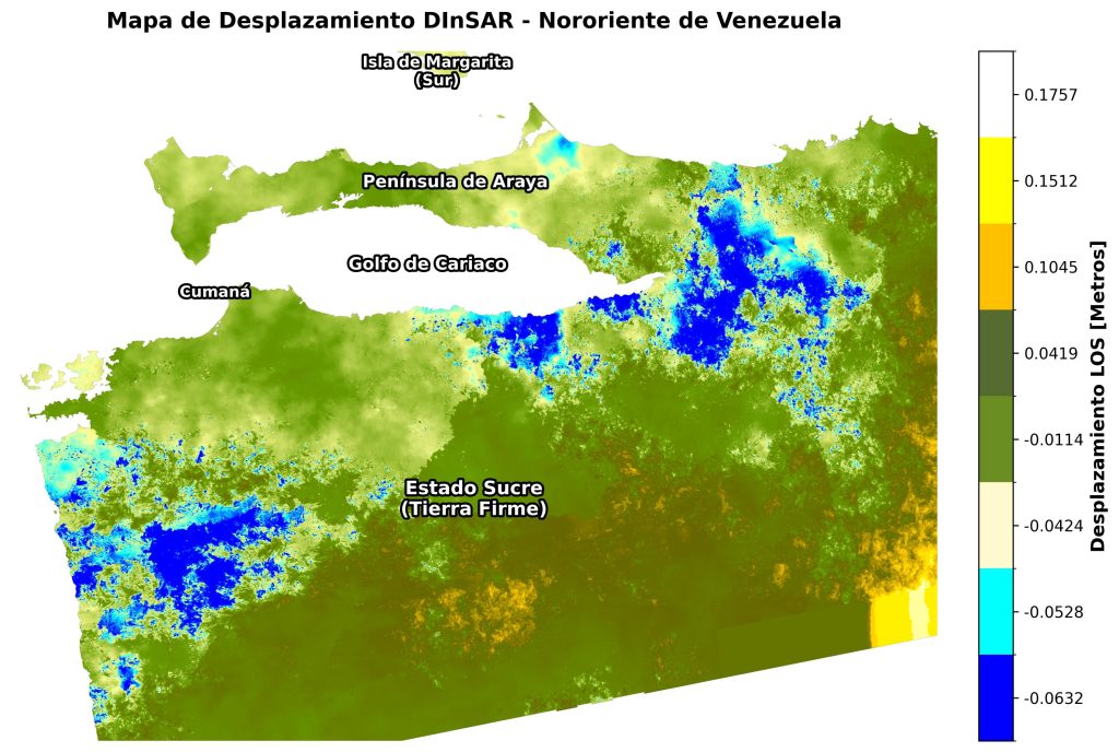 Mapa de deformación LOS mostrando hundimiento en el nororiente de Venezuela tras sismos dobles